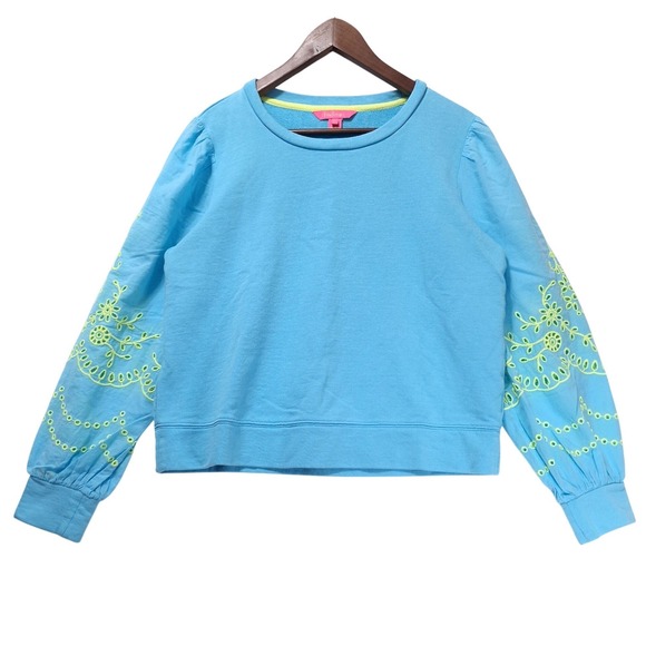 Lilly Pulitzer Alla Sweatshirt M Eyelet Embroidered Puff Sleeve Horizon Blue - Picture 2 of 12